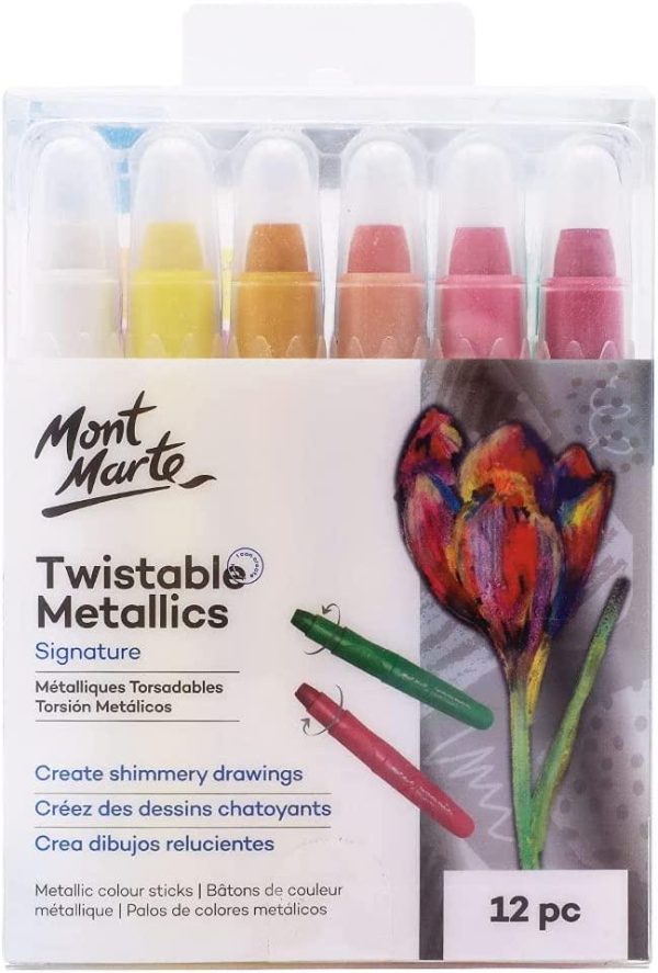 Mont Marte Signature Twistable Metallics,12 Blendable Gel Sticks, Thick Strokes for Coloring Large Surfaces, Ideal for Art